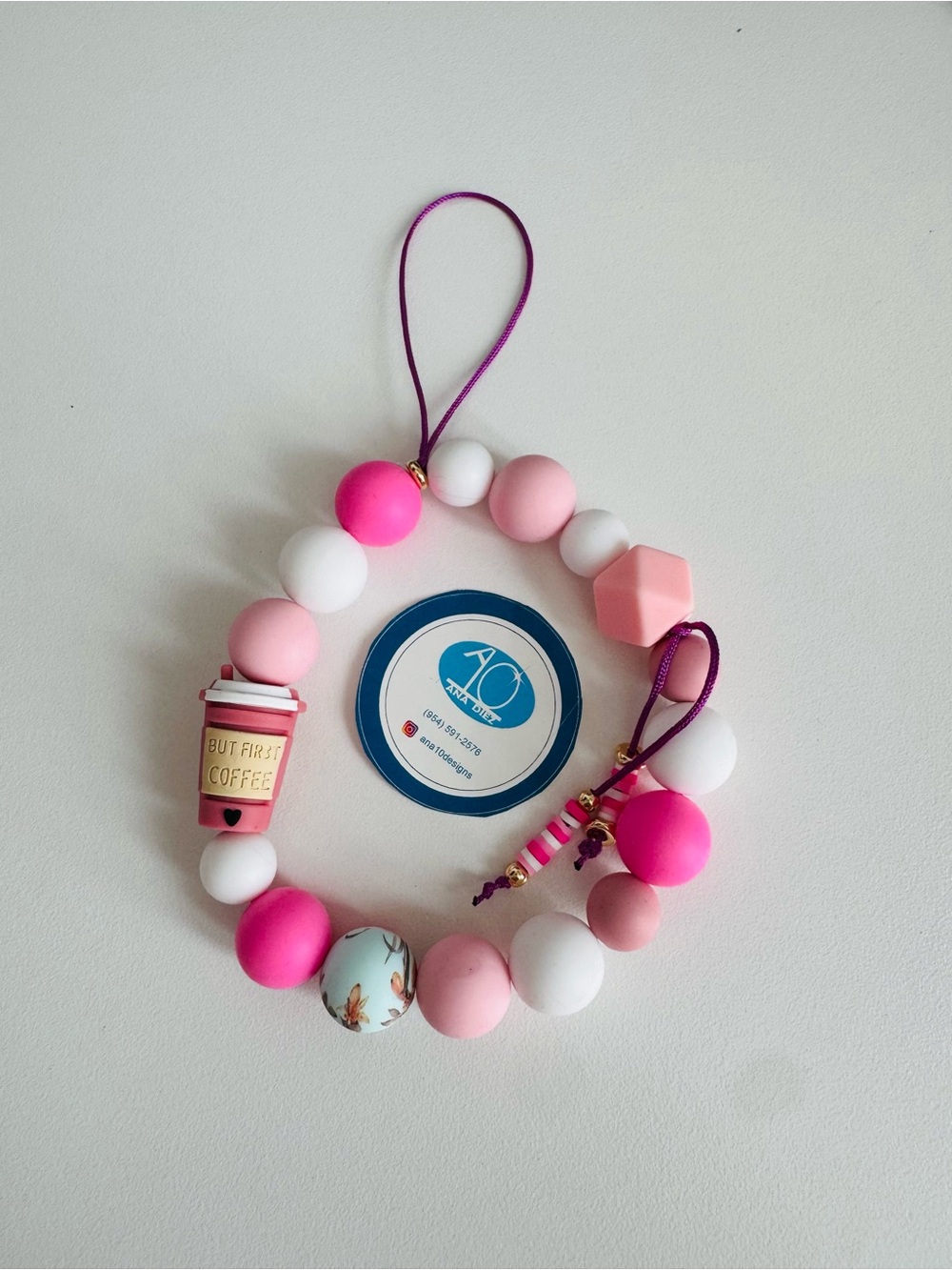 Pink & White Silicone Bead Wristlet Keychain with Coffee Charm